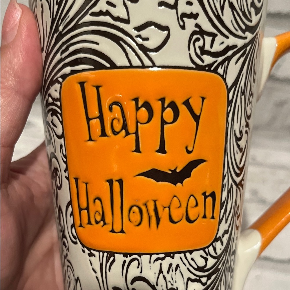 Halloween Themed coffee Mug with Orange Handle black white Spectrum - Picture 3 of 8